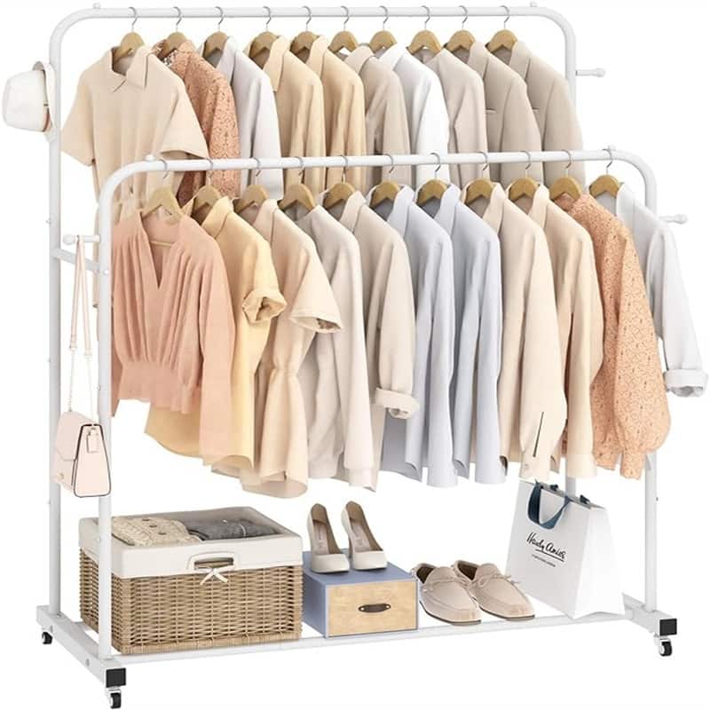 Double Rods Garment Rack with Wheels - 16.73"D x 39.76"W x 66.55"H
