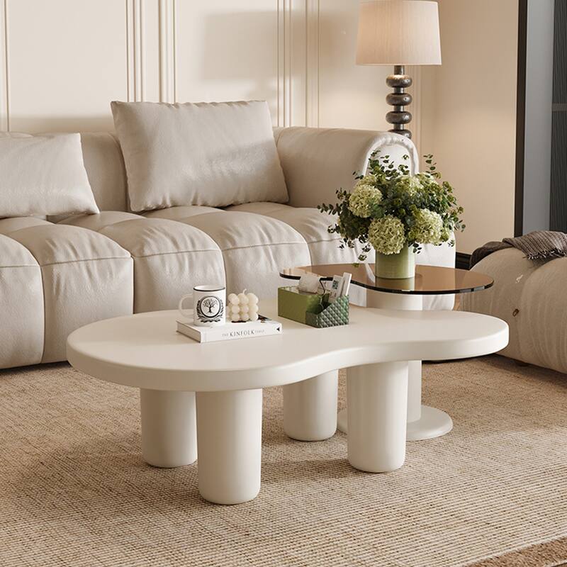 Cream White 2-Piece Nesting Coffee Tables - Glass Top, Easy Assembly for Living Room - Beige,Beige+White