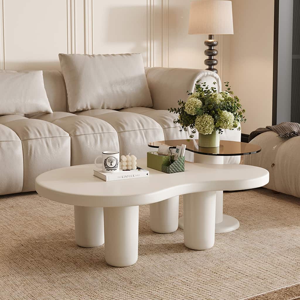 Cream White 2-Piece Nesting Coffee Tables - Glass Top, Easy Assembly for Living Room