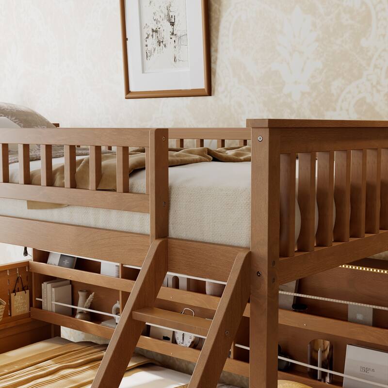 Kids Bunk Bed Frame with Integrated Shelving, Light Strip and Pegboard, Convertible into Floor Platform Bed and Low Loft Bed