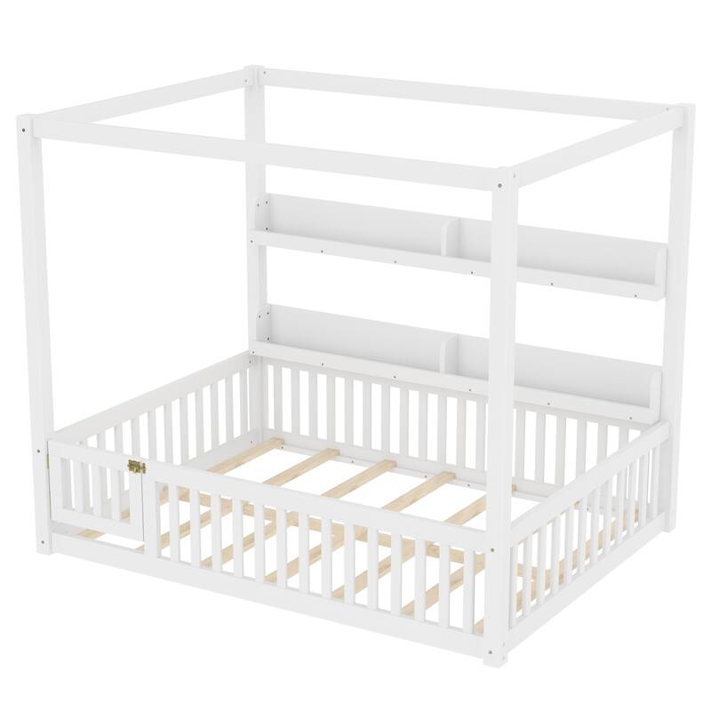 Roomfitters Canopy Floor Bed with Guardrails and Shelves, Solid Wood Montessori Frame