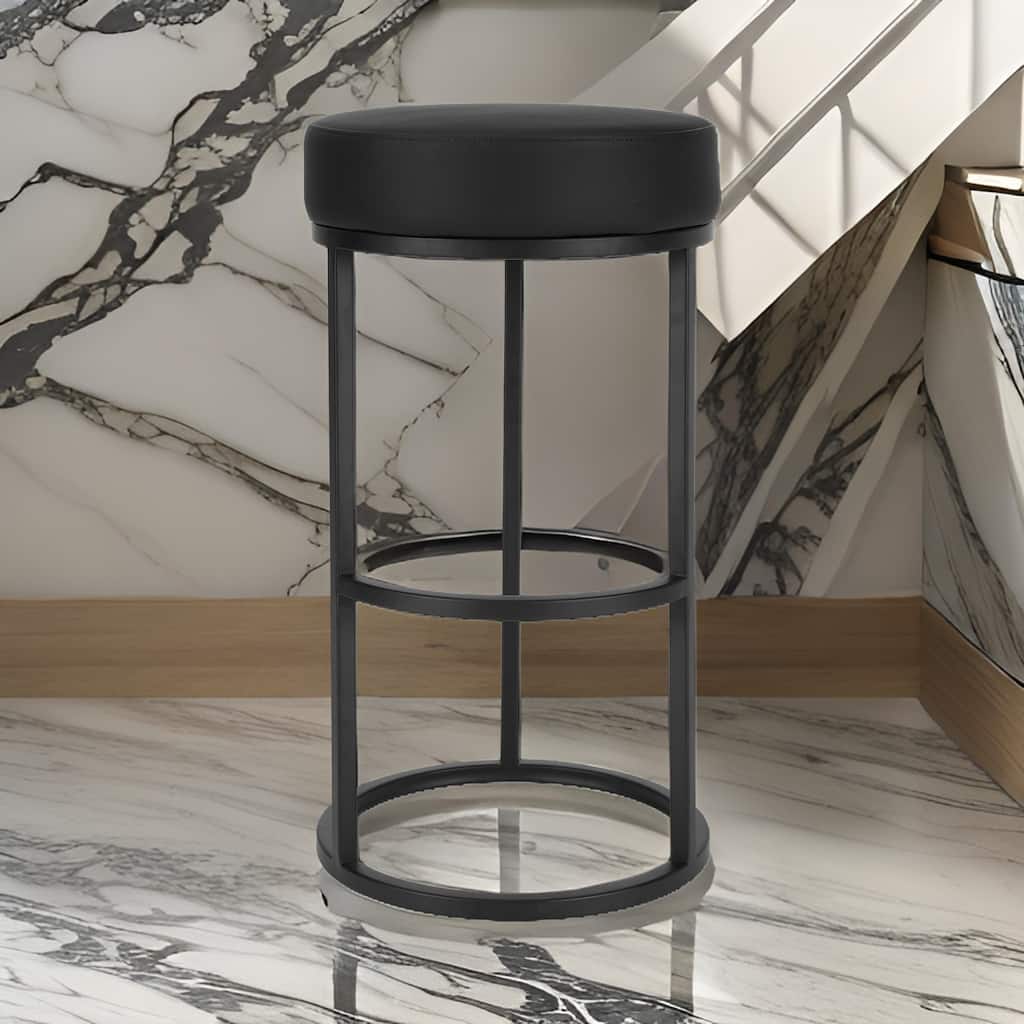 Tane 30 Inch Barstool, Round Black Faux Leather Padded Seat, Black Metal