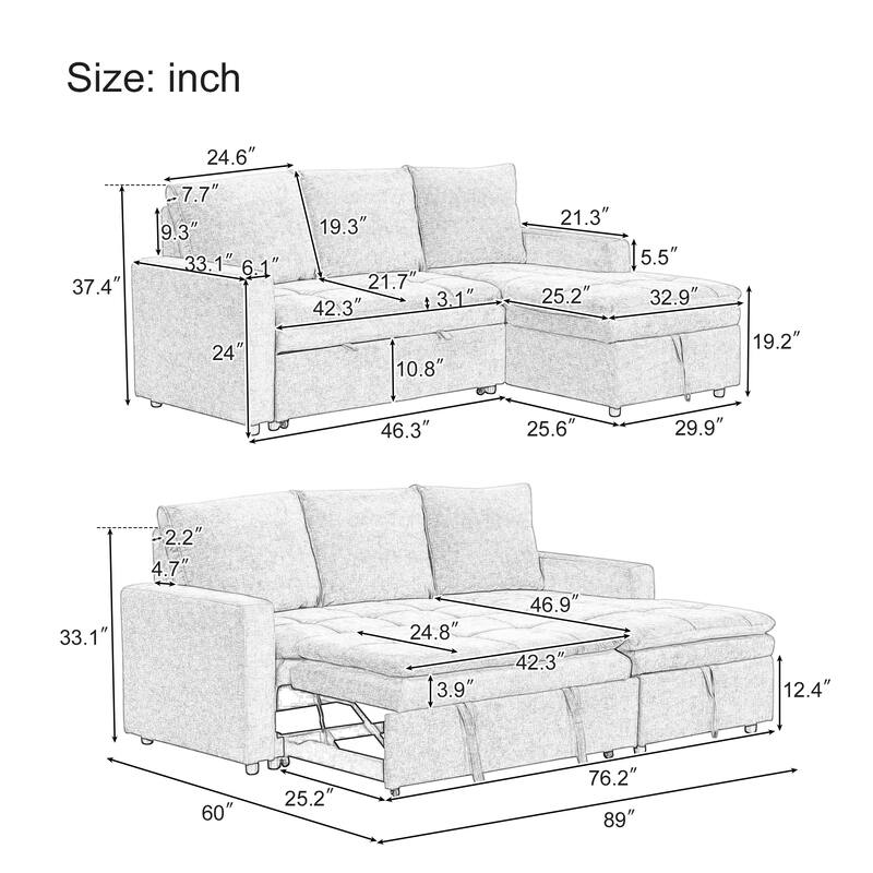 89'' Upholstered Sectional Sofa Bed with Storage Space