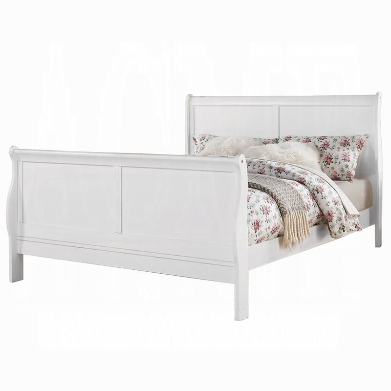 White Finish Queen Sleigh Bed with Wood Construction and 3 Slats
