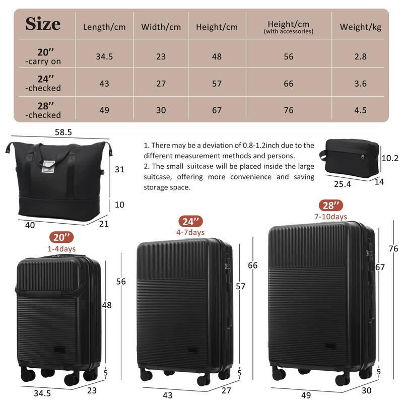 Luggage Sets 5 Piece with Half-opening, Hardside Carry On Suitcase Set with Double Spinner Wheel, with USB Port,TSA Locks