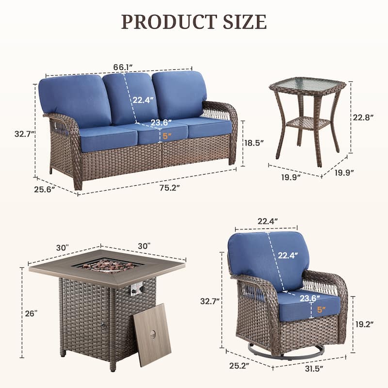 Pocassy Patio Outdoor Fire Table with Sofa Ottoman Swivel Chair Funiture Set.