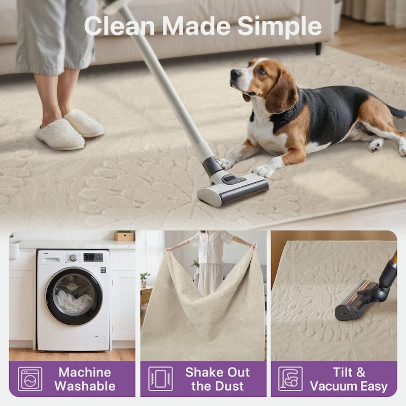 Mcow 3D Floral High-Low Textured Plush Washable Non-Slip Area Rug