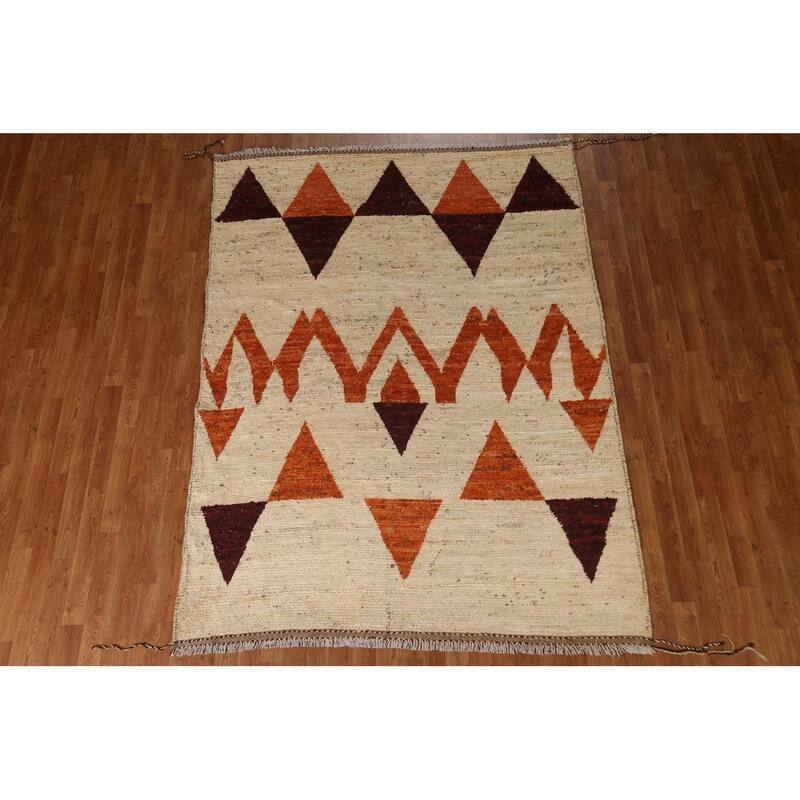 Hand Knotted Oriental 100% Wool Carpet Modern Geometric Beige & Ivories Moroccan Area Rug - 7' 9'' X 5' 9''