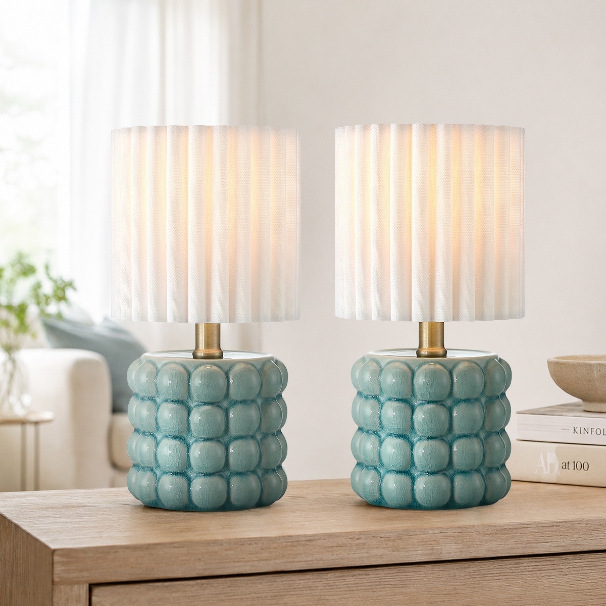 Modern Green Bubble Ceramic Table Lamps Set of 2 With White Shades - 13 in. H