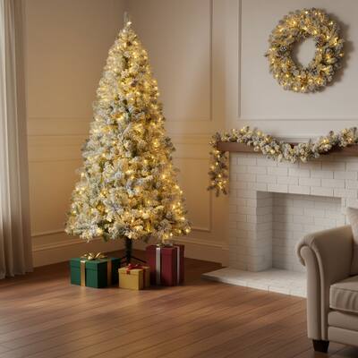 HomeRoots Three Piece Pre Lit Extra Full Frosted Pine Christmas Tree With Garland And Wreath Set