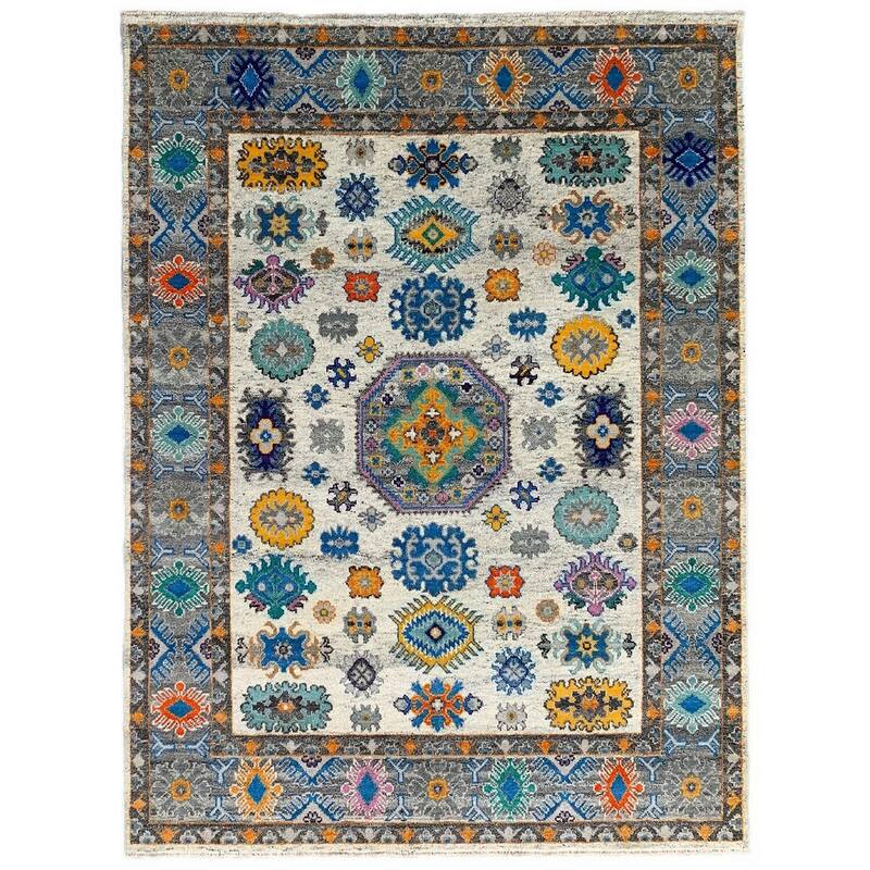 Ivory Gray Hand Knotted Wool Transitional Rug 9' x 12' - Ornamental Medallion 0.5" Pile Stain Resistant - N/A