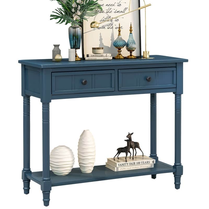 Narrow Console Table, Traditional Pine Wood Design with 2 Drawers and Bottom Shelf for Living Spaces