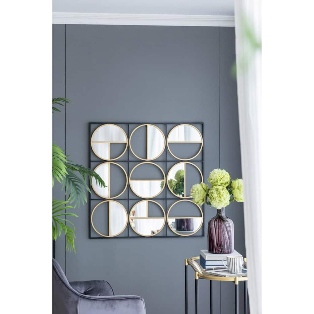Square Wall Mirror With Frame and Nine Circles 35.5" Black and Gold