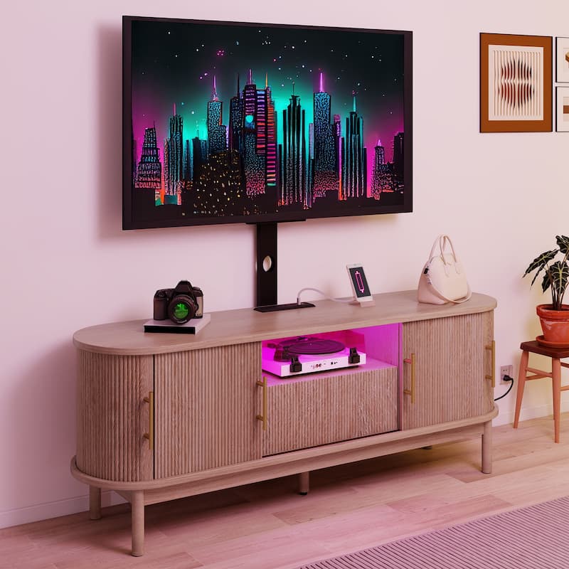 Moasis Mid-Century Modern Fluted TV Stand with Drawer and Adjustable Mount for Living Room