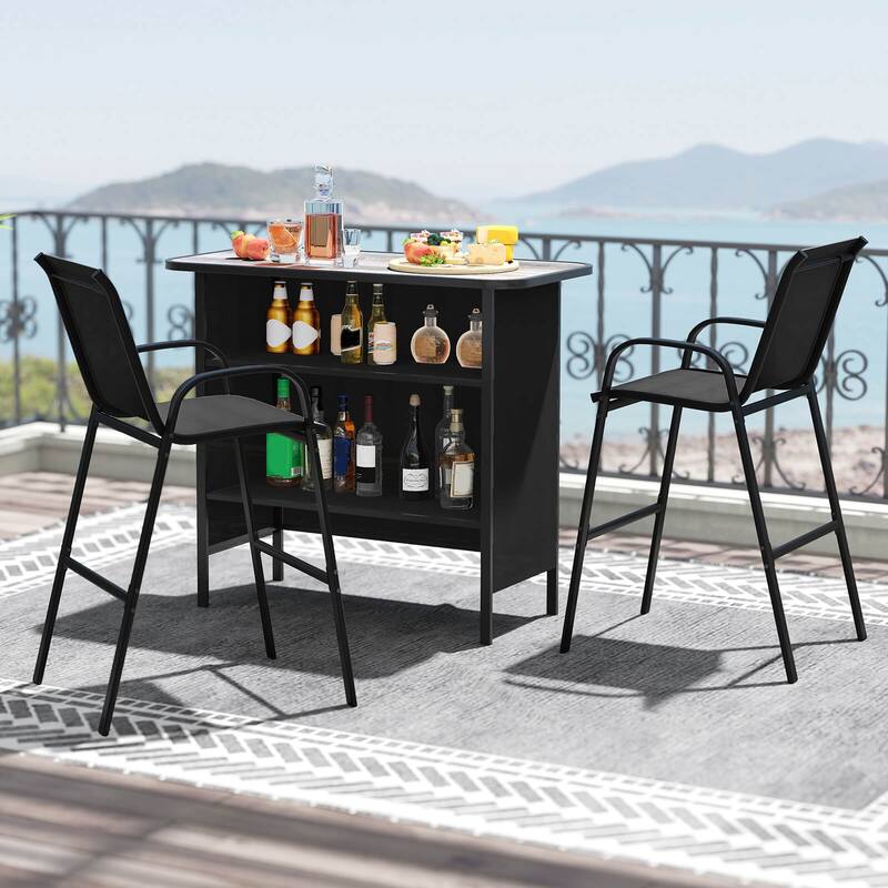 Costway 3 PCS Outdoor Bar Set Bar Height Table & Armchairs with - See Details - Black