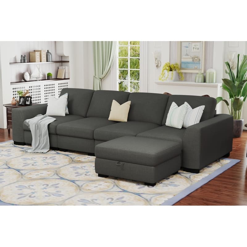 130" L-Shaped Modular Sectional Sofa with Movable Storage Ottoman