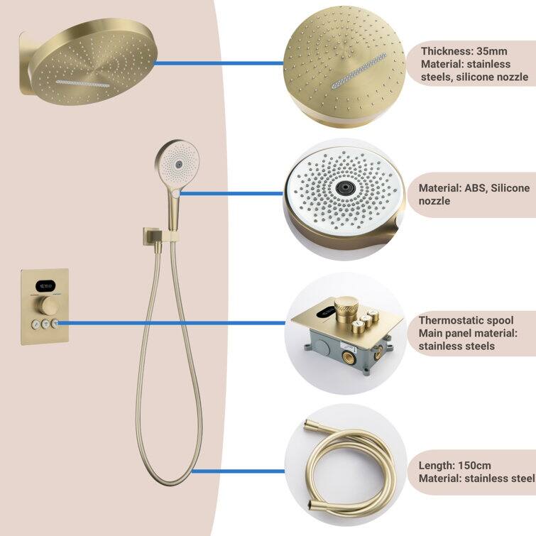 Wall-Mounted Thermostatic 12-in Rainfall and Waterfall Shower System With 3-way handshower