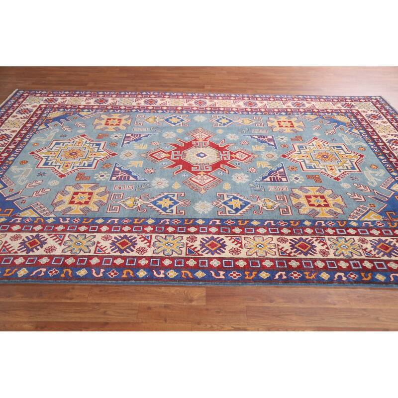 Hand Knotted Oriental 100% Wool Carpet Traditional Geometric Navy Blue & Blues Kazak Area Rug - 9' 8'' X 6' 7''