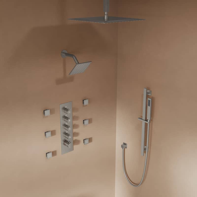 GRANDJOY Shower System 16 inch Rainfall Ceiling and 6 inch Wall Mount Dual Shower Head Handheld Spray Slide Bar Thermostatic