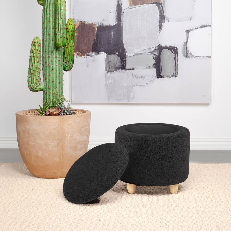Faux Sheepskin Upholstered Round Storage Ottoman