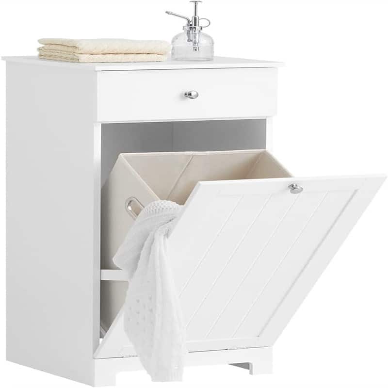White Bathroom Laundry Cabinet with Basket - 14.96"D x 15.75"W x 35.43"H