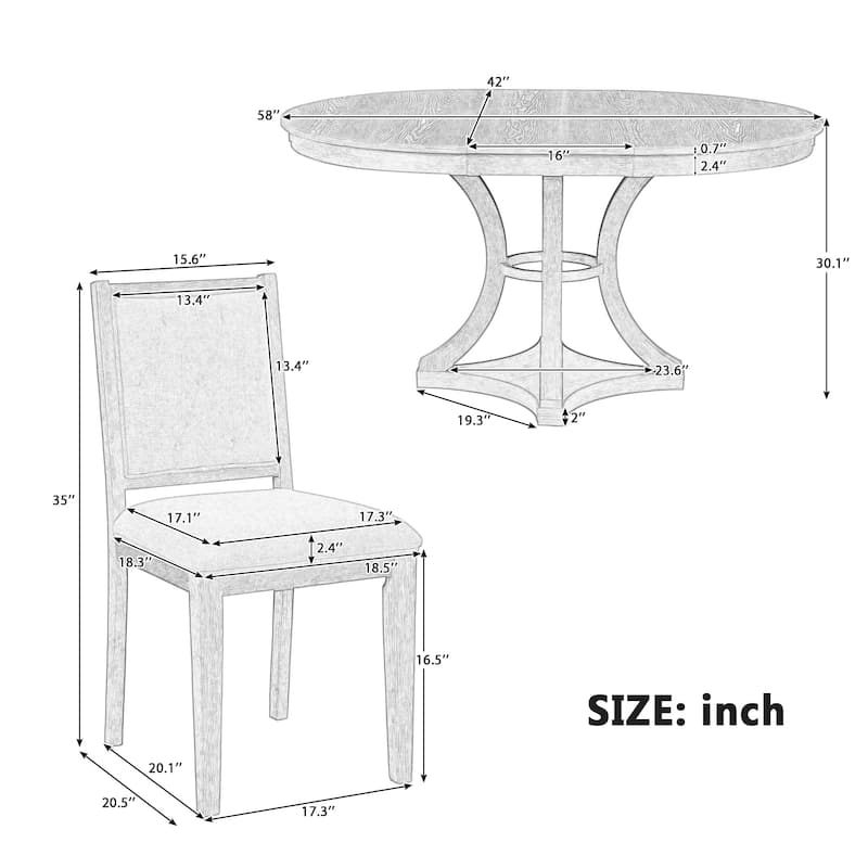 Roomfitters 5-Piece Vintage Extendable Round Dining Set with 4 Upholstered Chairs, Solid Wood Base, Kitchen Furniture