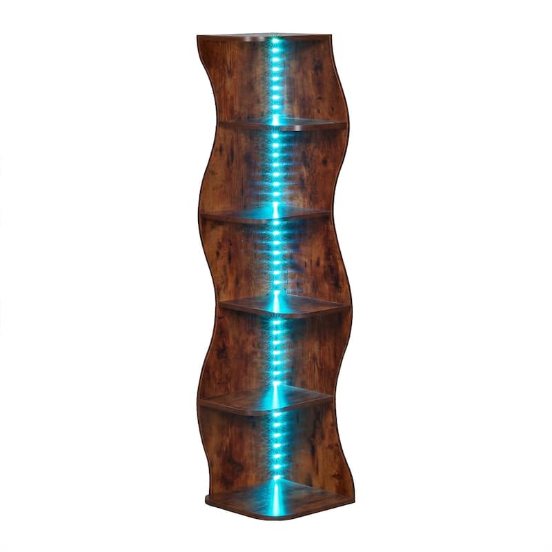 Javlergo 5-Tier Corner Bookshelf with LED Light Strip Seagrass Wave Design Tall Corner Bookcase with Lights for Living Room