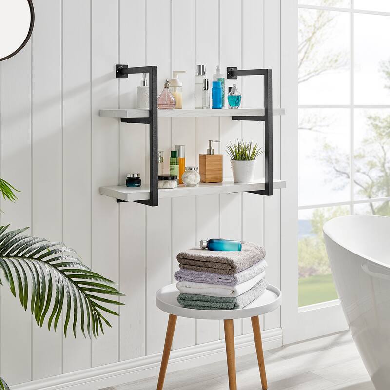 Danya B. Modern 2-Tier Hanging Bracket Wall Shelves in Black Metal and White Birch Finish