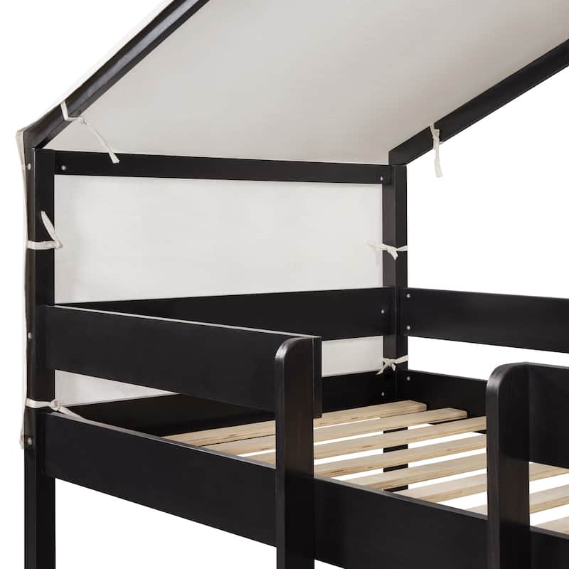 Twin Over Twin Floor Bunk Bed with Tent and Ladder, Wood House-Shaped Bed Frame W/Full-Length Guardrails, Underbed Storage Space