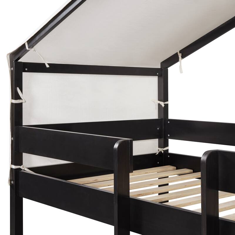 Twin Over Twin Wood Bunk Bed with Play Tent and Espresso Solid Wood, 250lb Capacity, Fun House Design for Kids