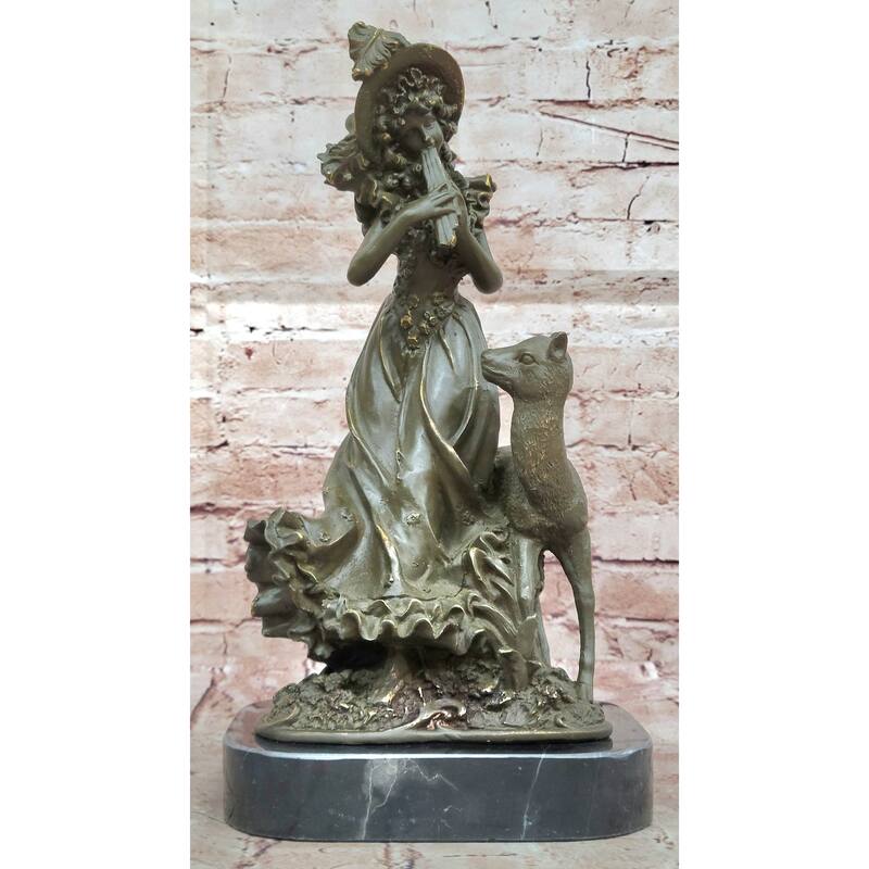 Bronze Girl Playing Flute With Deer On Marble Base By Aldo Vitaleh