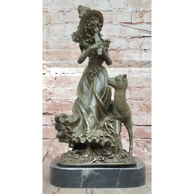 Bronze Girl Playing Flute With Deer On Marble Base By Aldo Vitaleh