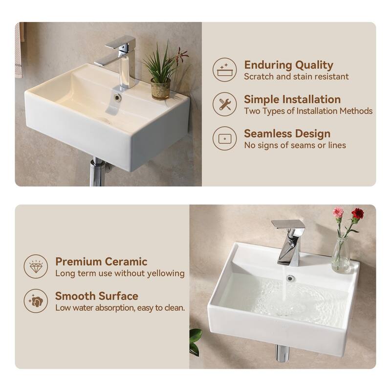 HOROW Rectangular Wall-Mount Install or On Countertop Bathroom Sink 17.72 in. with Single Faucet Hole in White