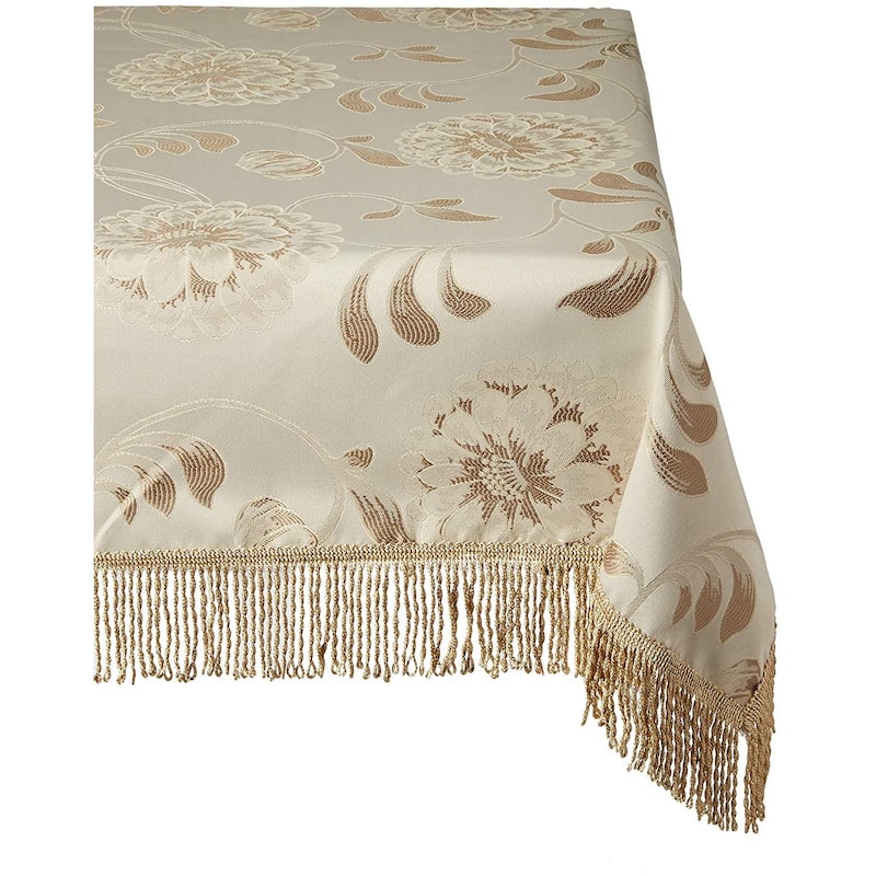 Violet Linen Legacy Floral Damask Design Fringes Tablecloth - 54" by 72" - 54" by 72" - Beige