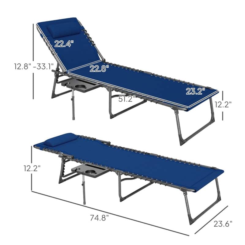 Adjustable Reclining Sun Lounger with Side Tray Pocket and Padded Head Pillow Foldable Steel Frame Oxford Fabric