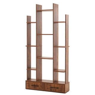 Ivinta 67 Inch Mountain-Shaped Bookshelf Bookcase, Large Open Shelves with 2 Storage Drawers, Display Rack