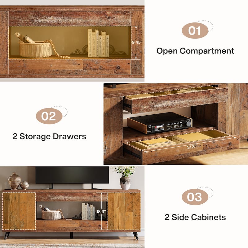 63" Farmhouse TV Stand with Drawers for Living Room, Rustic Brown - 62.99” L x 15.74” W x 23.62” H