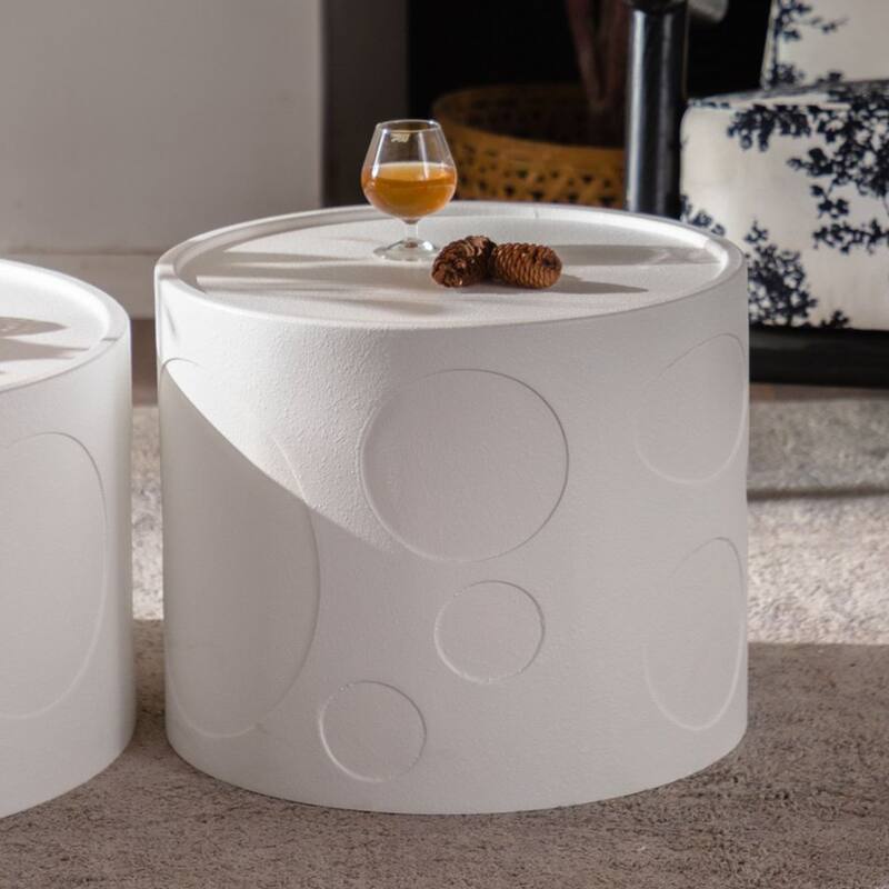 Round Relief End Table, Small Accent Pedestal Side Table, Sturdy Wooden Accent Table for Living Room - Creamy White