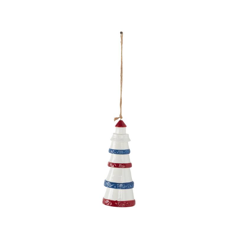 White Ceramic Light House Indoor Outdoor Windchime with Brown Rope and Blue and Red Accents