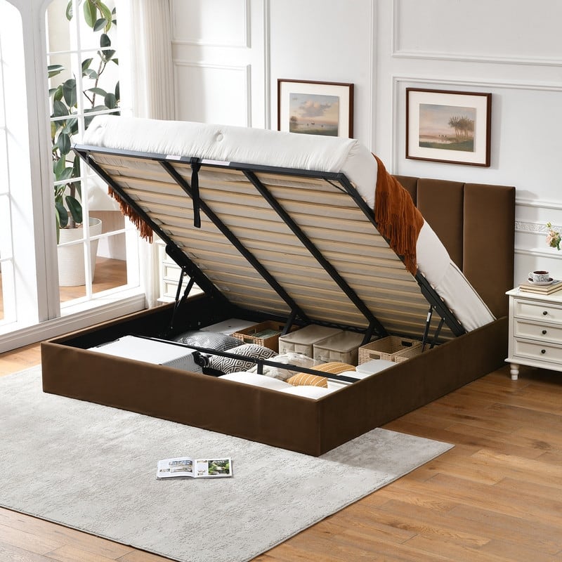 Modern Upholstered Lift-Up Storage Platform Bed with Headboard