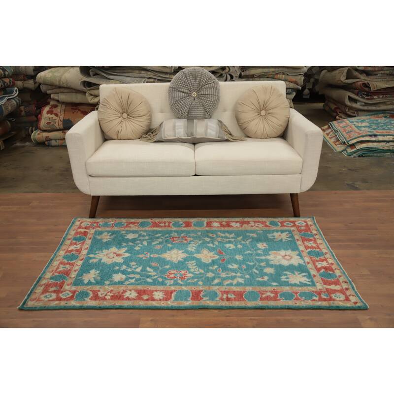 Hand Knotted Oriental 100% Wool Carpet Transitional All-Over Green Oushak Area Rug - 5' 5'' X 3' 2''
