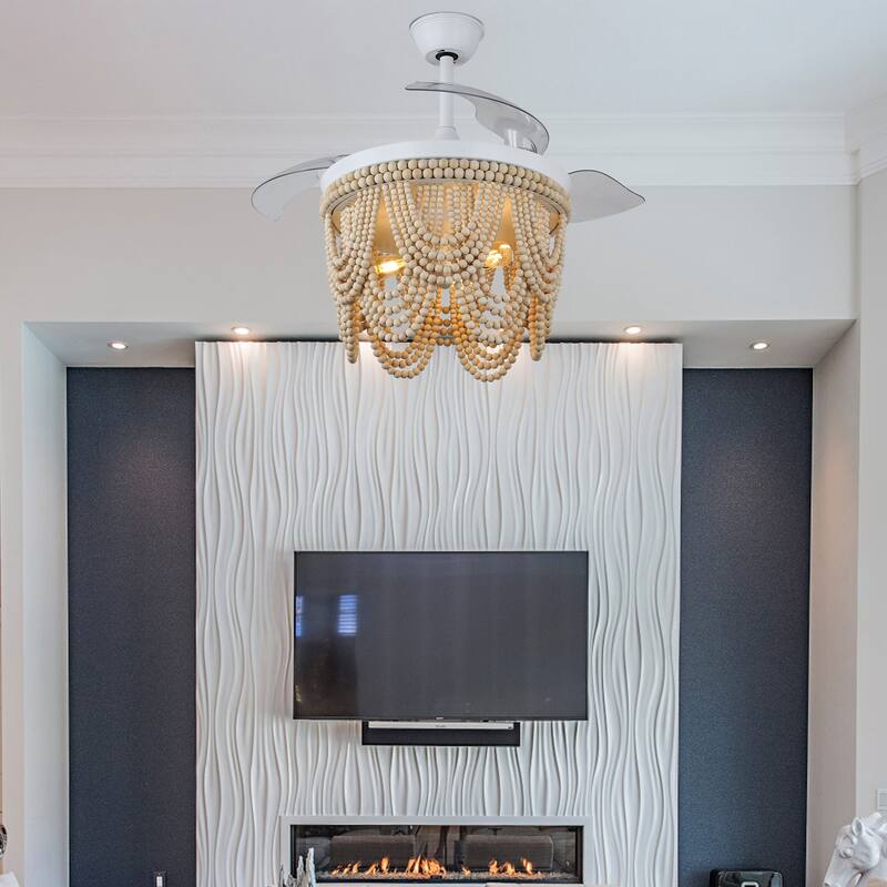 Cusp Barn 42 Inch Boho Retractable Ceiling Fan with Remote, Coastal 6 Speeds Fandelier, Farmhouse Caged Wood Beaded Ceiling Fan