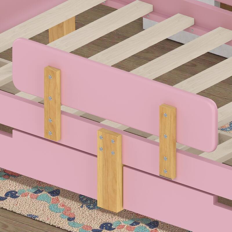Twin/Full Wood Platform Bed with Storage Drawers, Guardrail, Shelf & Hooks, Solid Wood Frame, No Box Spring Needed