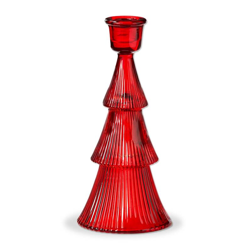 Large Red Glass Ribbed Taper Candle Holder - Christmas Decor, 3.5" x 3.5" x 7.5" - Perfect for Taper Candles