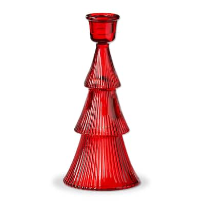 Large Red Glass Ribbed Taper Candle Holder - Christmas Decor, 3.5" x 3.5" x 7.5" - Perfect for Taper Candles