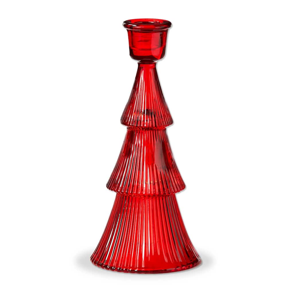 Large Red Glass Ribbed Taper Candle Holder - Christmas Decor, 3.5" x 3.5" x 7.5" - Perfect for Taper Candles