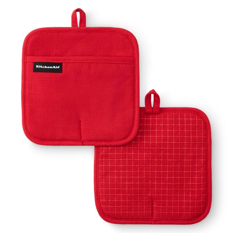 KITCHENAID Gourmet Series Gridlines Pot Holders 2-Pack Set, Heat Resistant up to 600°F, Soft Silicone Grip, Magnetic Cuff - Passion Red