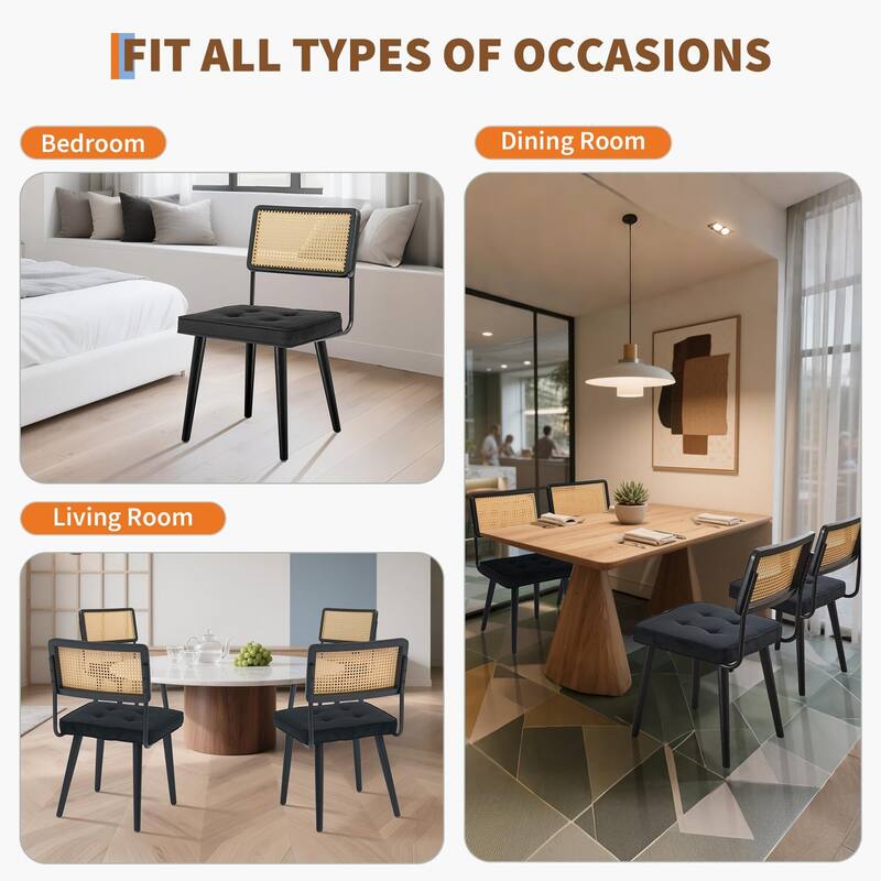 Midcentury Modern Dining Chairs of 2, PU Upholstered Kitchen Chairs with Tall Cane Backrest and Strong Wood Legs