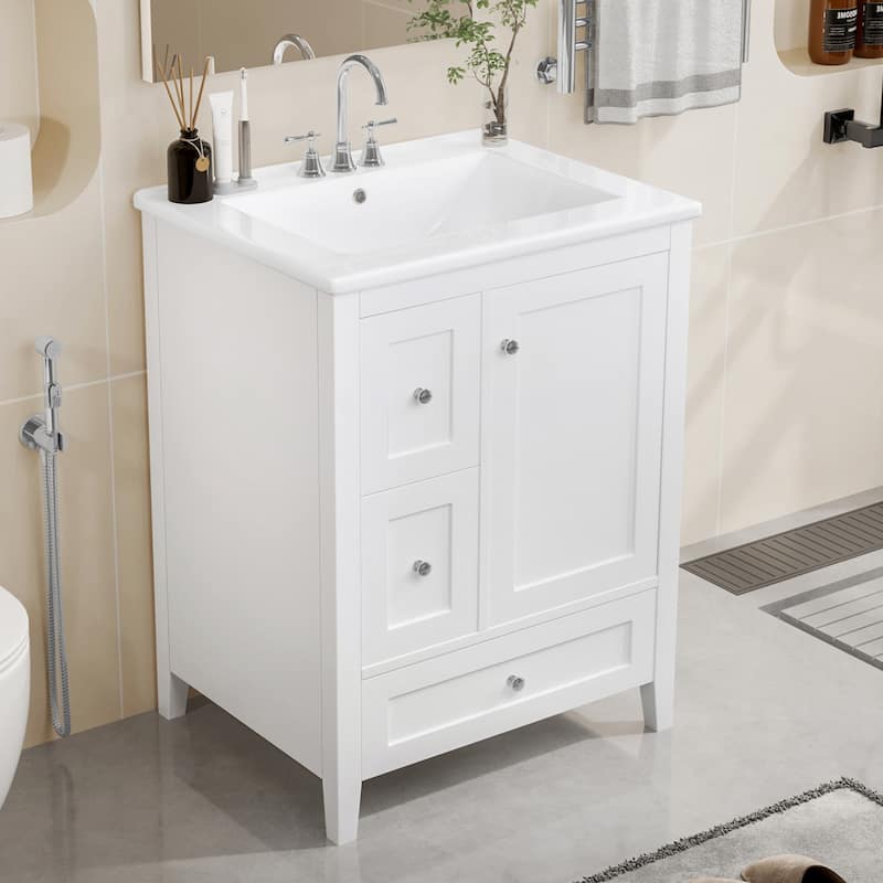 24-Inch Bathroom Vanity with Storage, Adjustable Shelf, MDF & Rubberwood, Removable Dividers