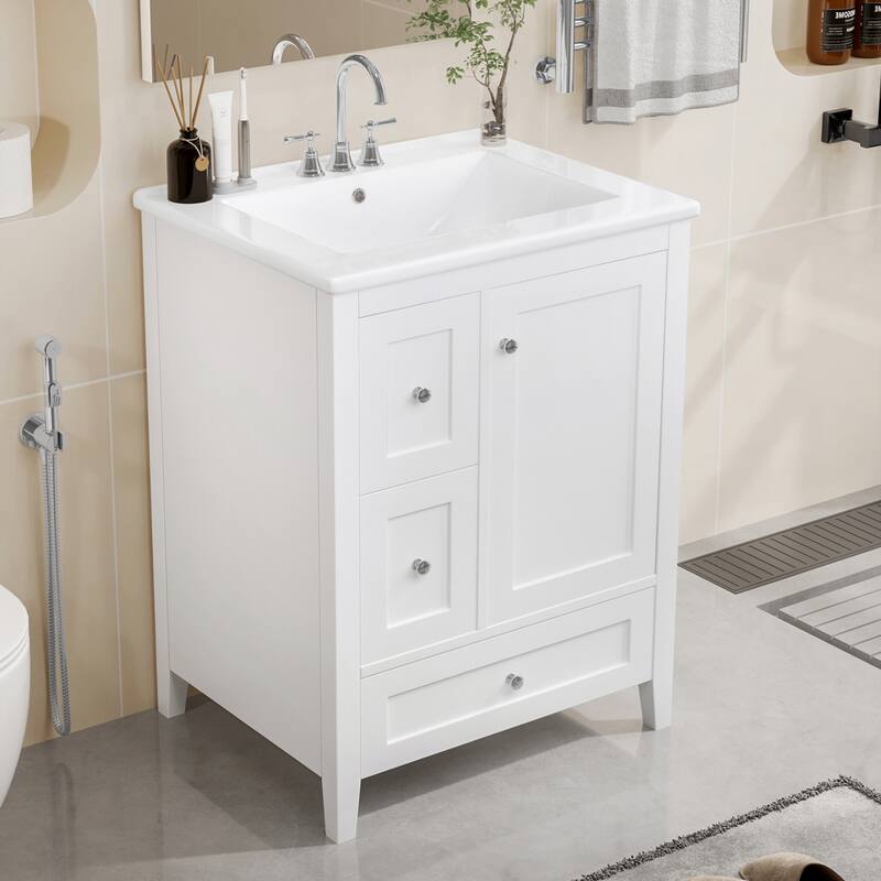 Roomfitters 24" Bathroom Vanity with Sink, Solid Wood Legs, 3 Drawers with Removable Dividers & Adjustable Shelf - White